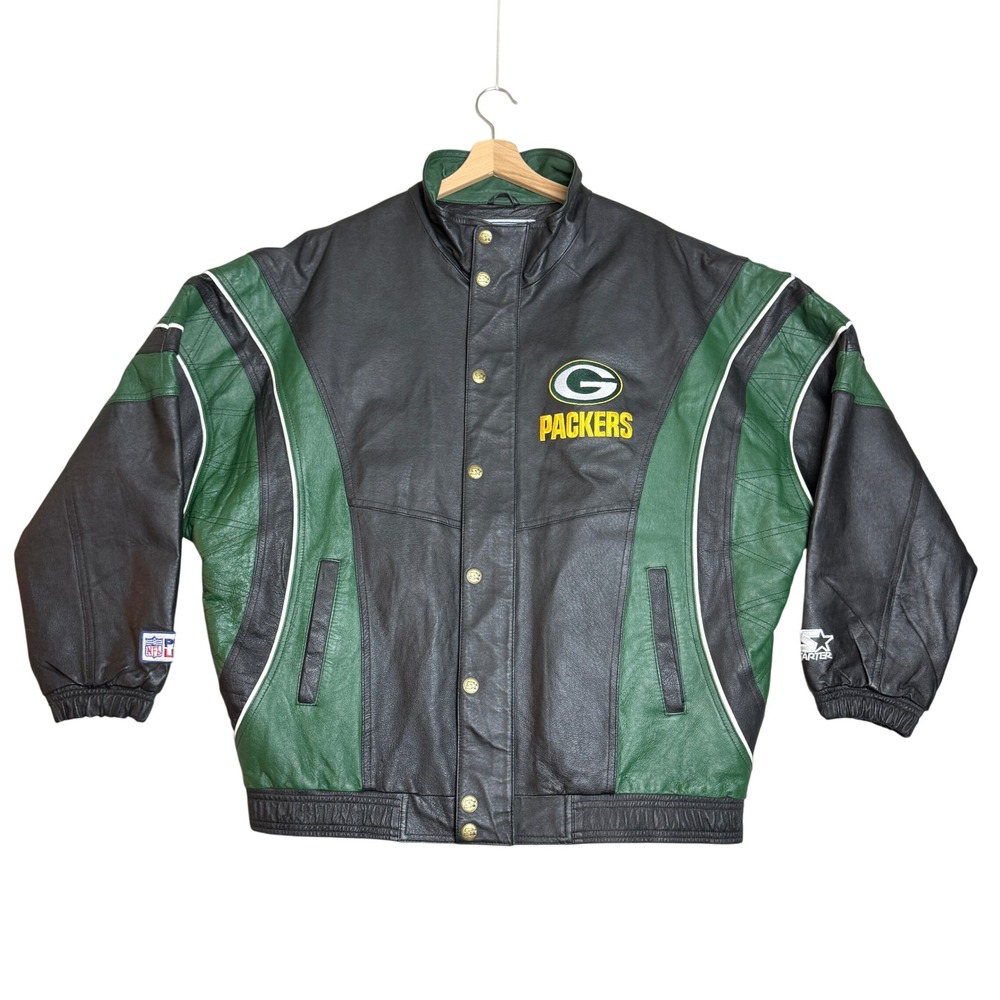 Vtg Starter NFL Pro Line Green Bay Packers Leather Jacket Men XL Black Green 90s